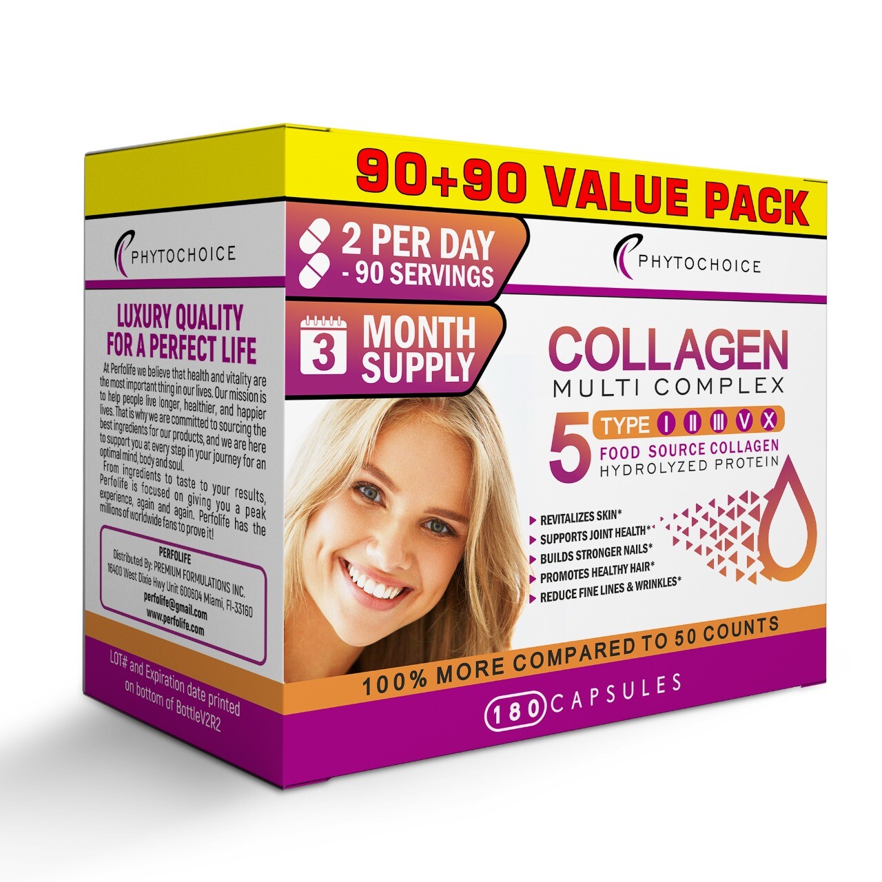 Multi Collagen Peptides-180 Capsules-Type I,II,III,V,X Anti-Aging Collagen Pills.