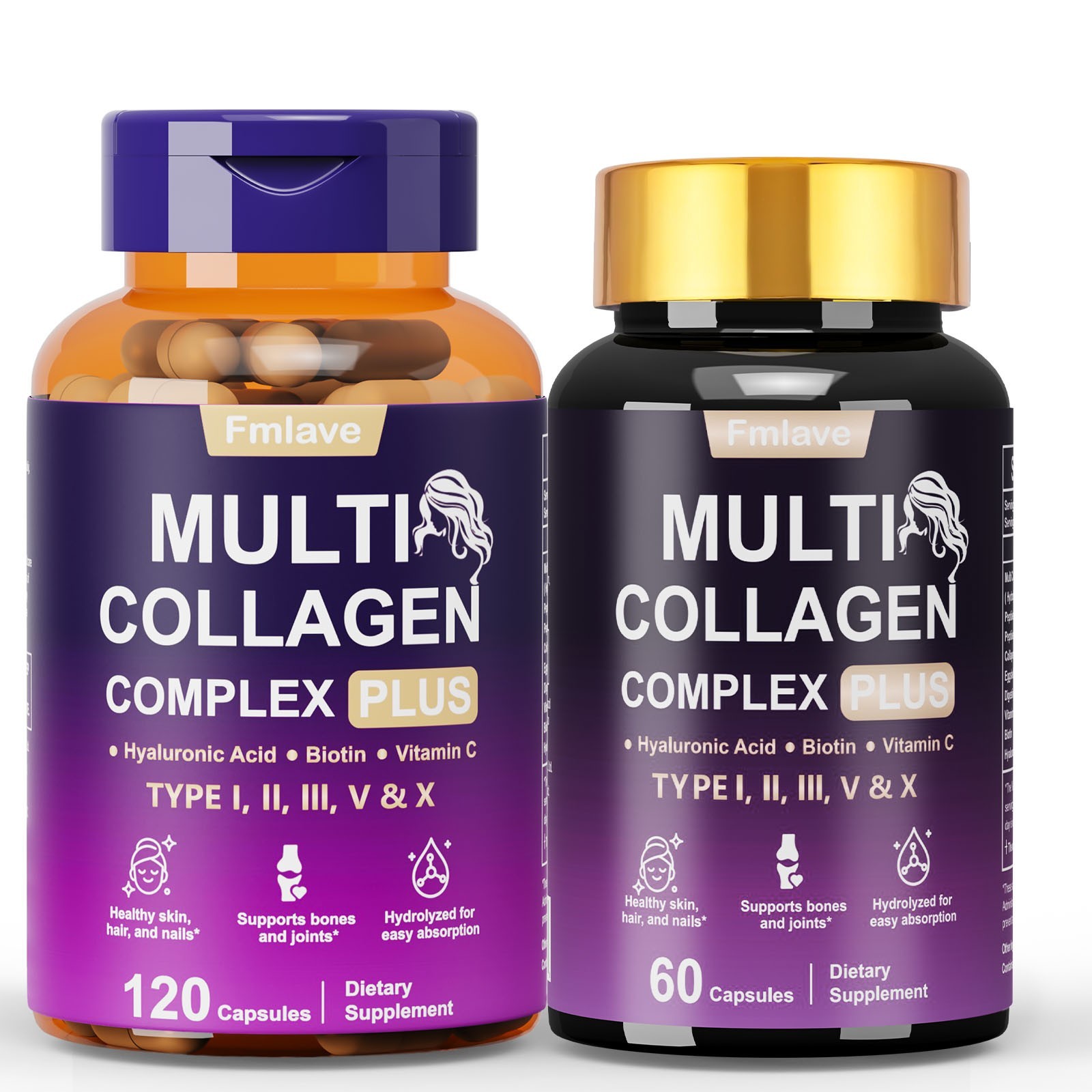 Multi Collagen Peptides Hydrolyzed Types I II III V X Supplement with Biotin Vc.