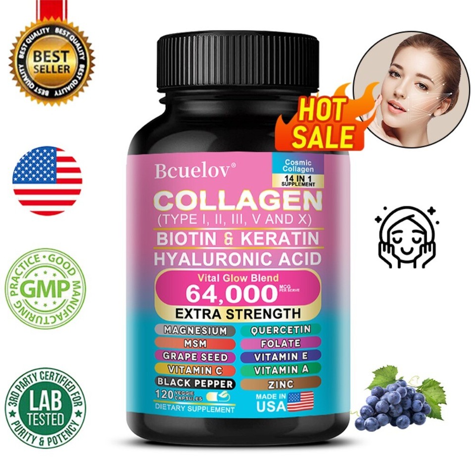 Collagen Peptides Type I II III V X – Biotin, Keratin, Hyaluronic Acid.
