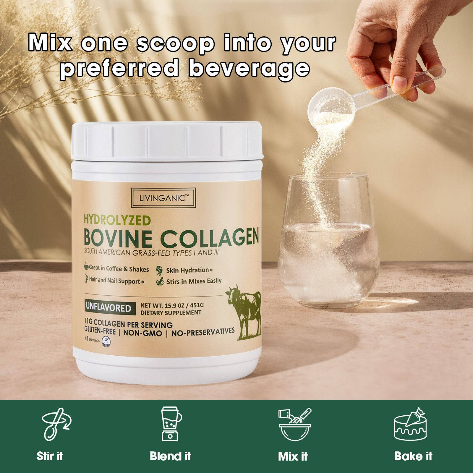 Hydrolyzed Bovine Collagen Powder Type i & iii for Health Hair Skin Nail Joints.