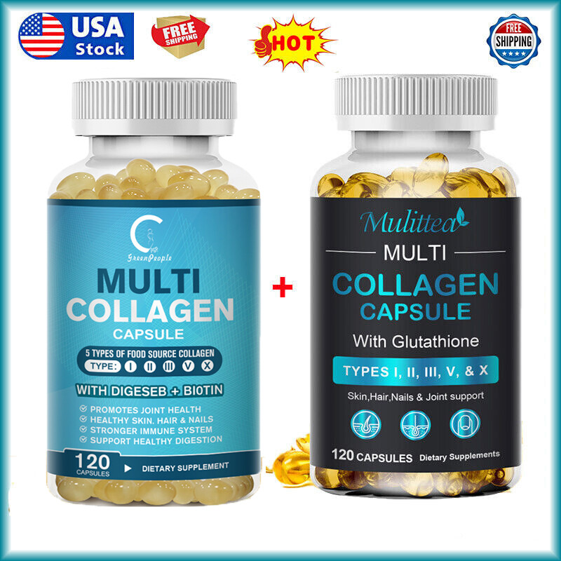 2xMulti Collagen Peptides 120 Capsules-Type I,II,III,V,X Anti-Aging Collagen Cap.