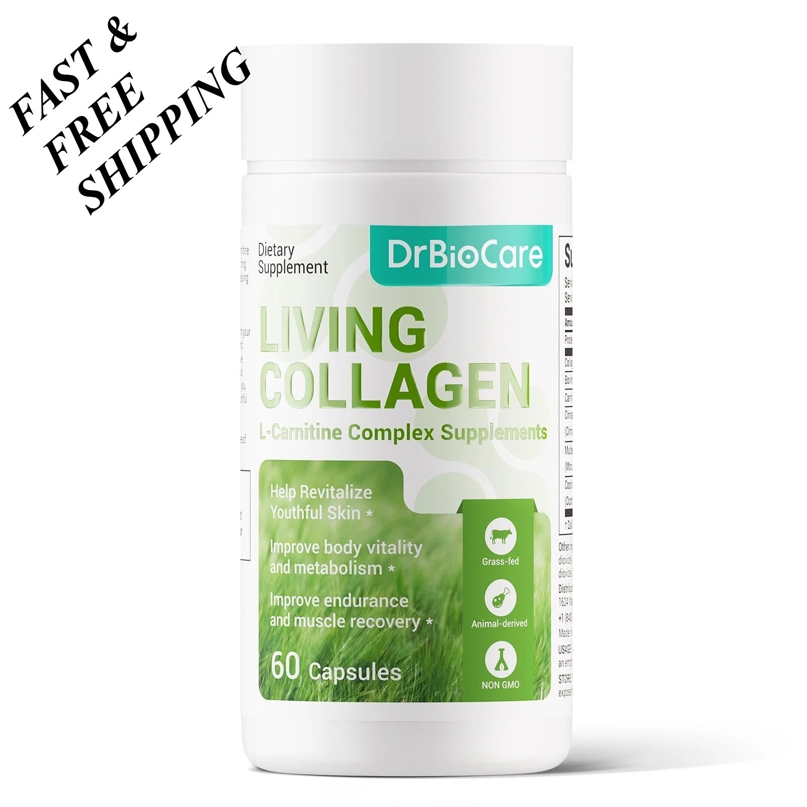DrBioCare Living Collagen L-Carnitine Complex – 60 Capsules, Non-GMO, Grass-Fed.