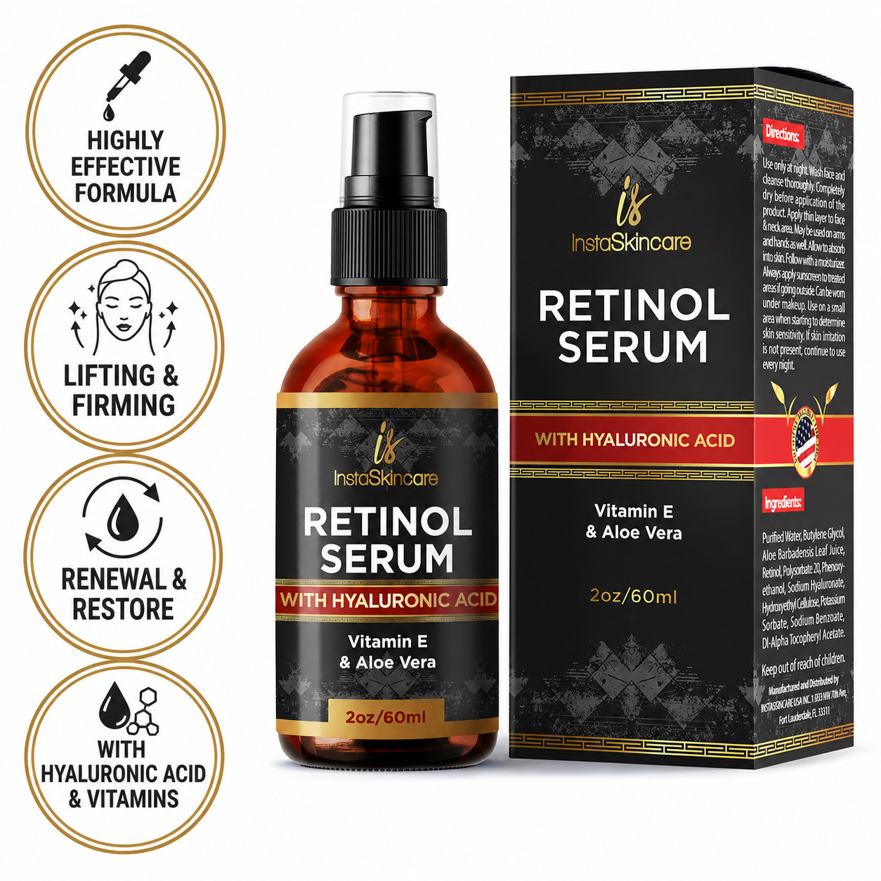 Retinol Serum Hyaluronic Acid Vitamin A E C Aloe Vera Anti-aging For Face 2oz