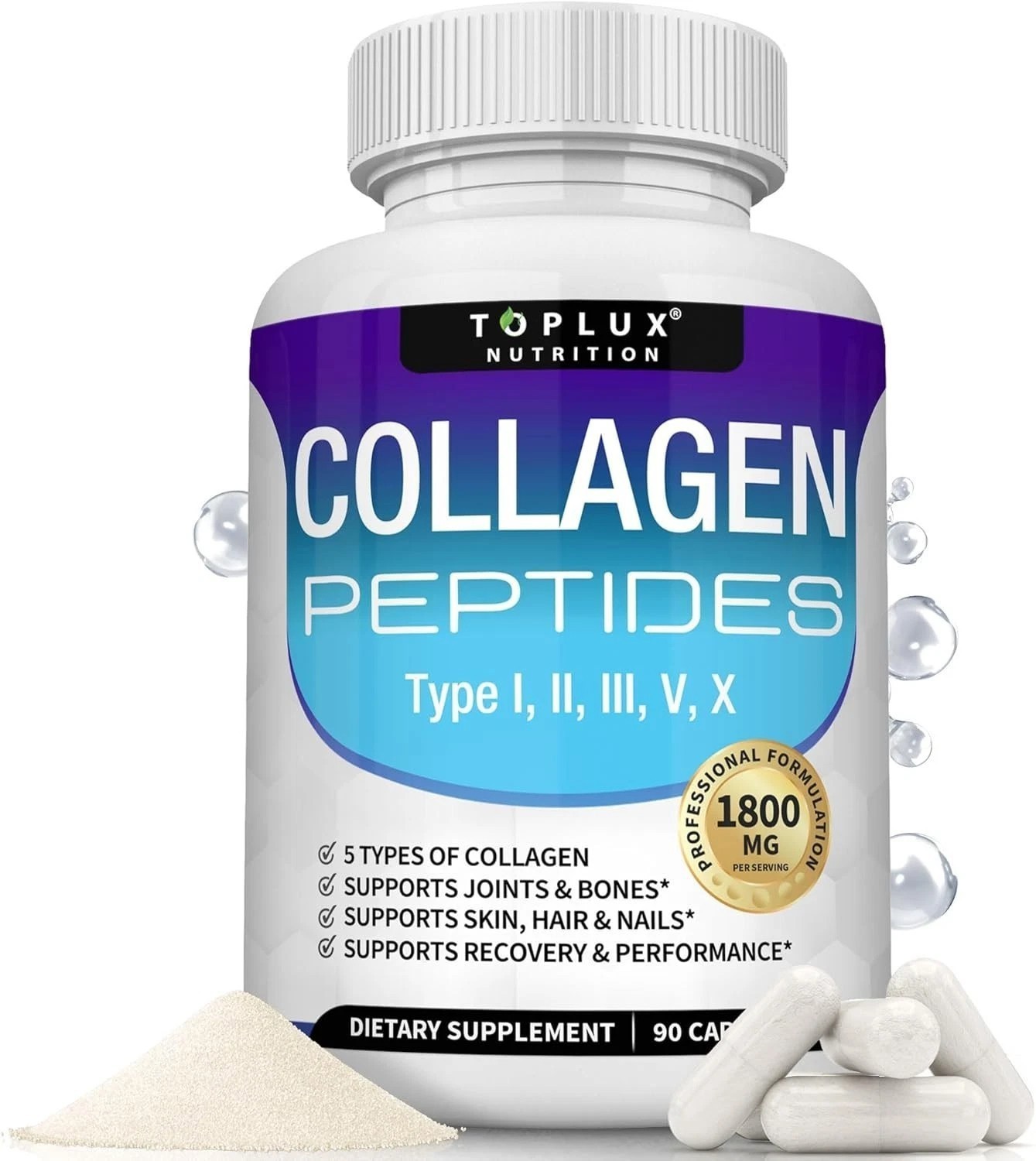 Toplux Multi Collagen Peptides Pills W/ I II III V X 1800Mg Complex Supplement.