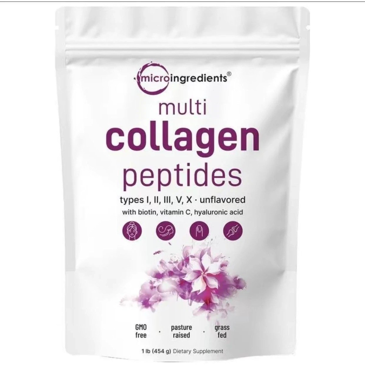 Micro Ingredients Multi Collagen Peptides Powder – Types I,II,III,V,X, 1lb.