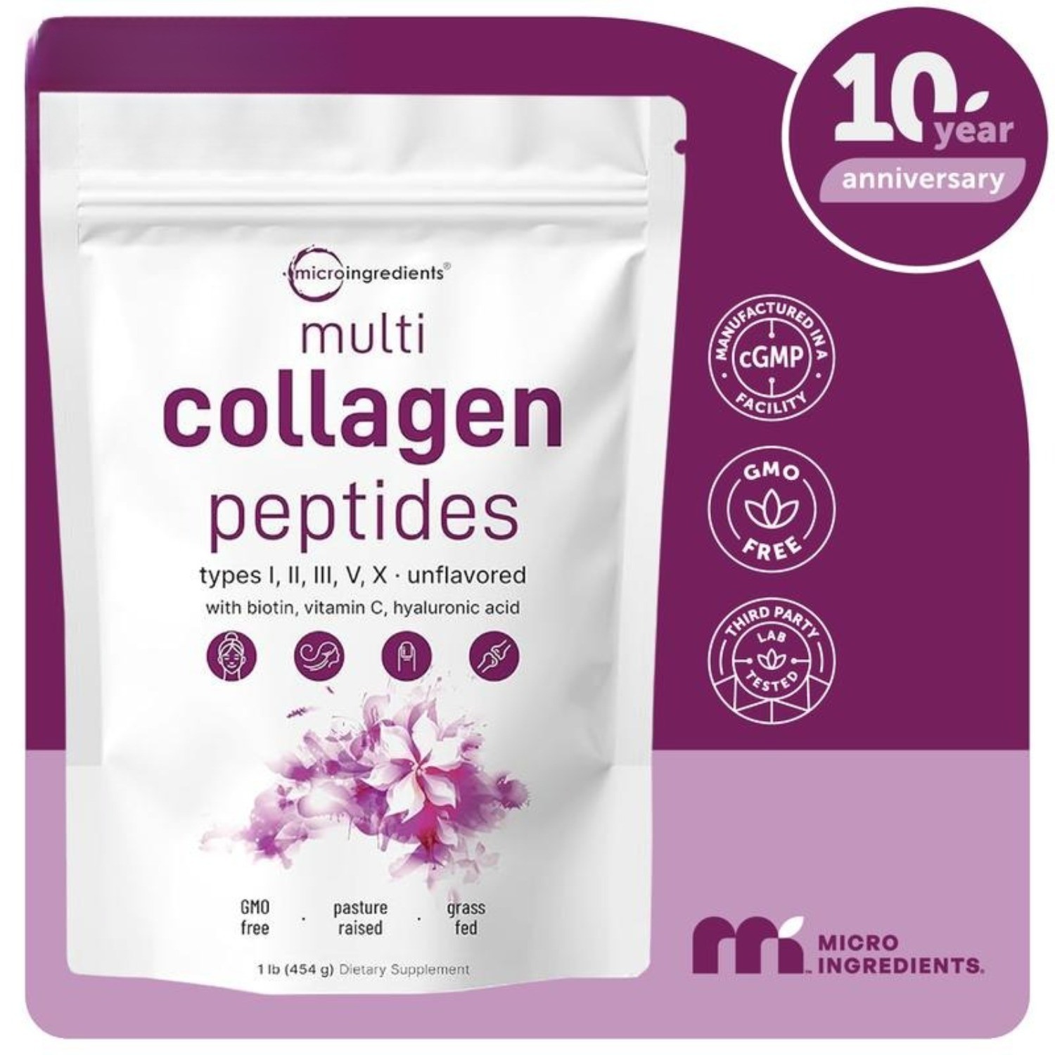 Micro Ingredients Hydrolyzed Multi Collagen (I,II,III,V,X) , Unflavored.