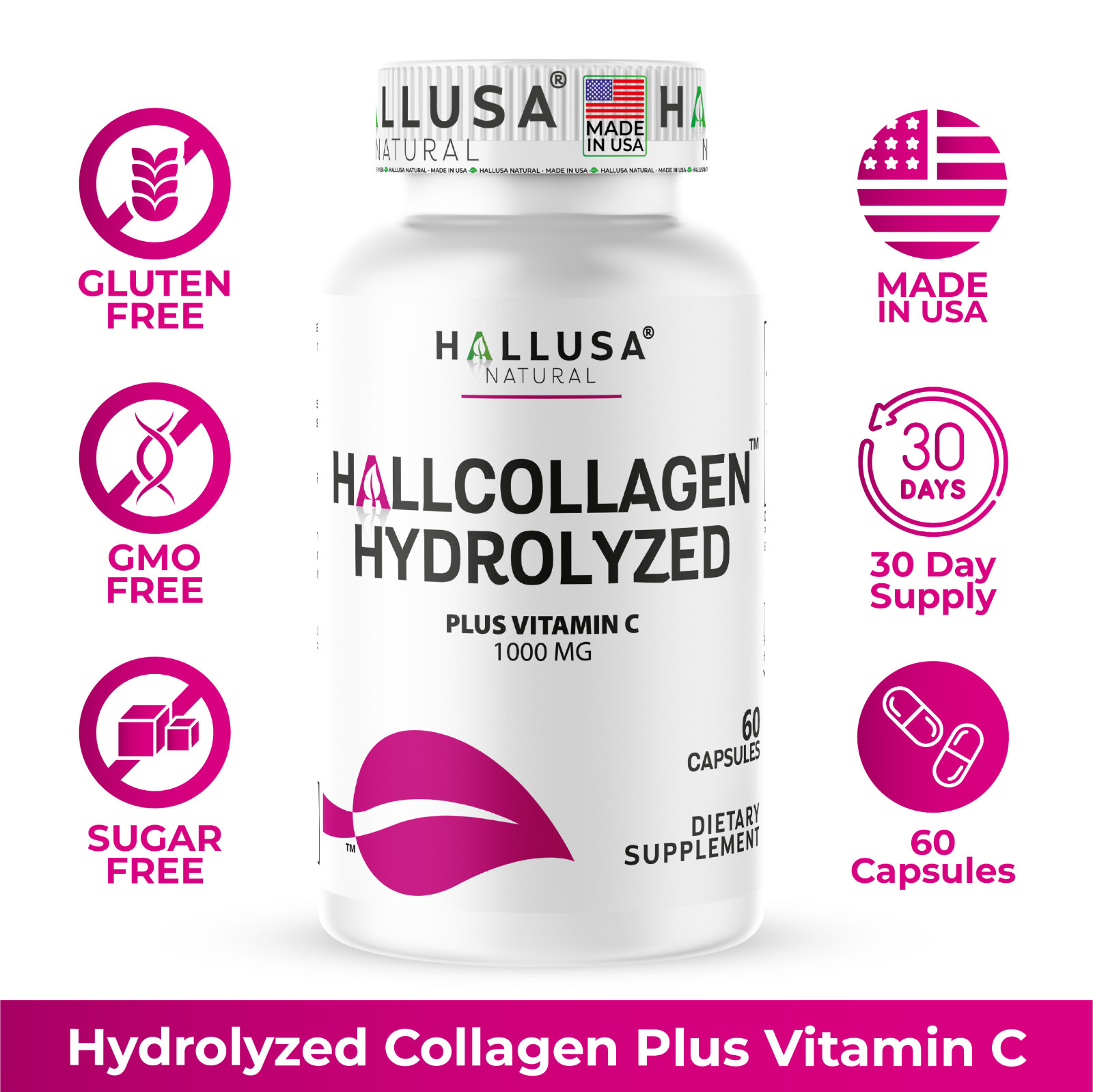 Hydrolyzed Collagen Capsules 1000mg with Vitamin C, Anti Aging Support, 60 Count.