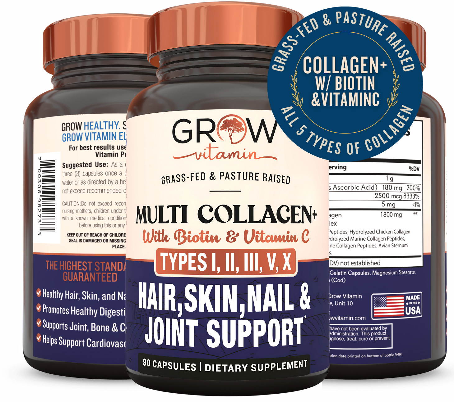 Grow Vitamin Multi Collagen+ Types I II III V X | Biotin & Vitamin C | 90 Caps.