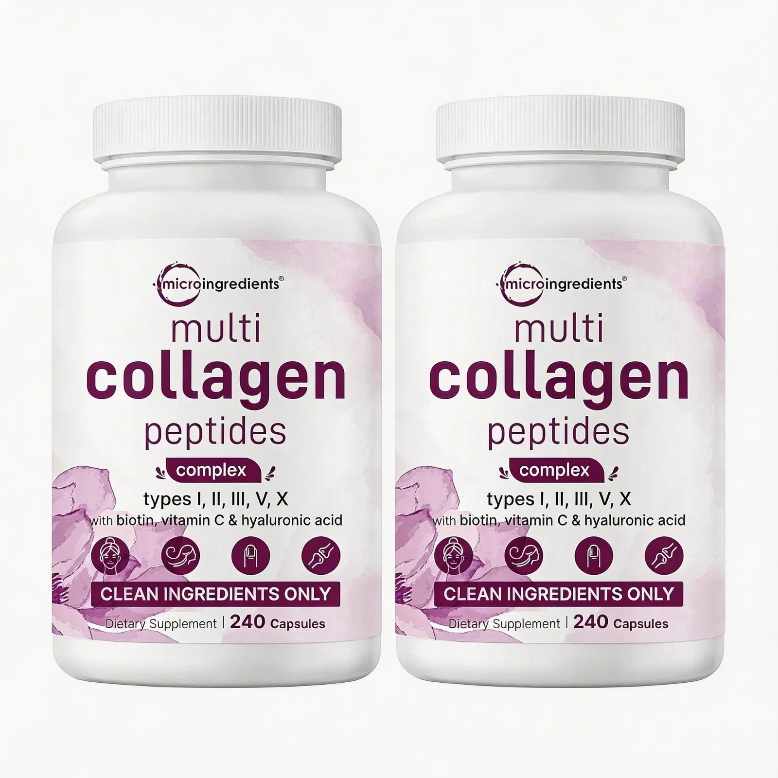 2 BOTTLES-Multi Collagen Pills for Women&Men, 240 Caps | Type I,II, III,V,X |Hyd.