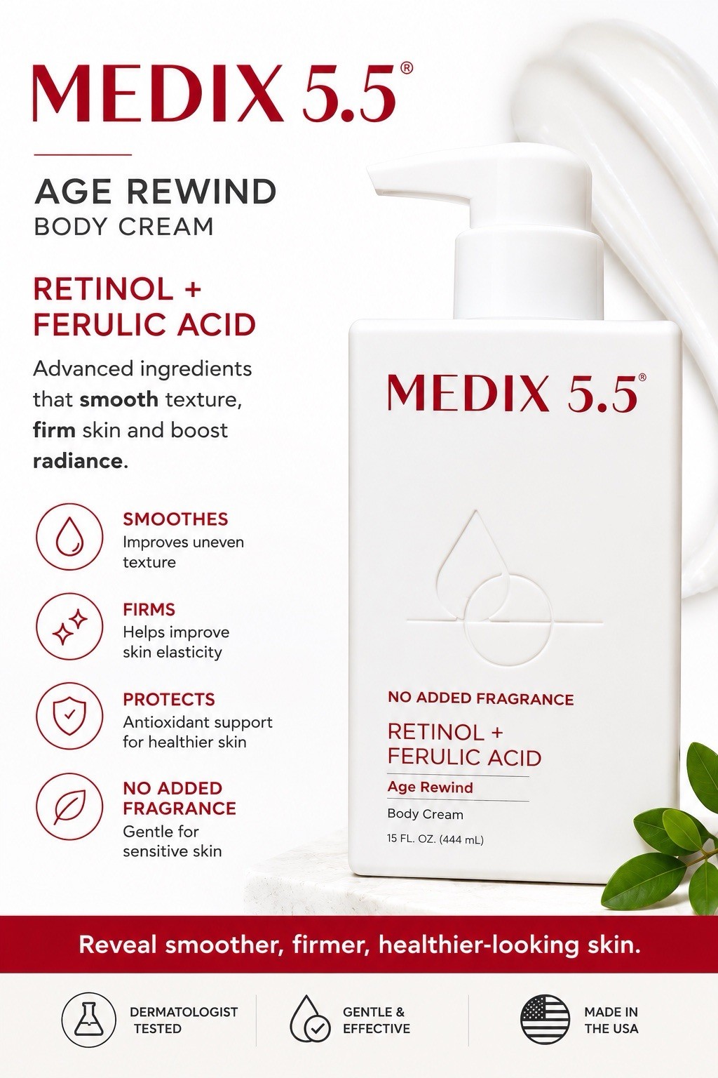 2 Pack Medix 5.5 Retinol +Ferulic Acid Body Cream Age Rewind Fragrance Free 15oz.