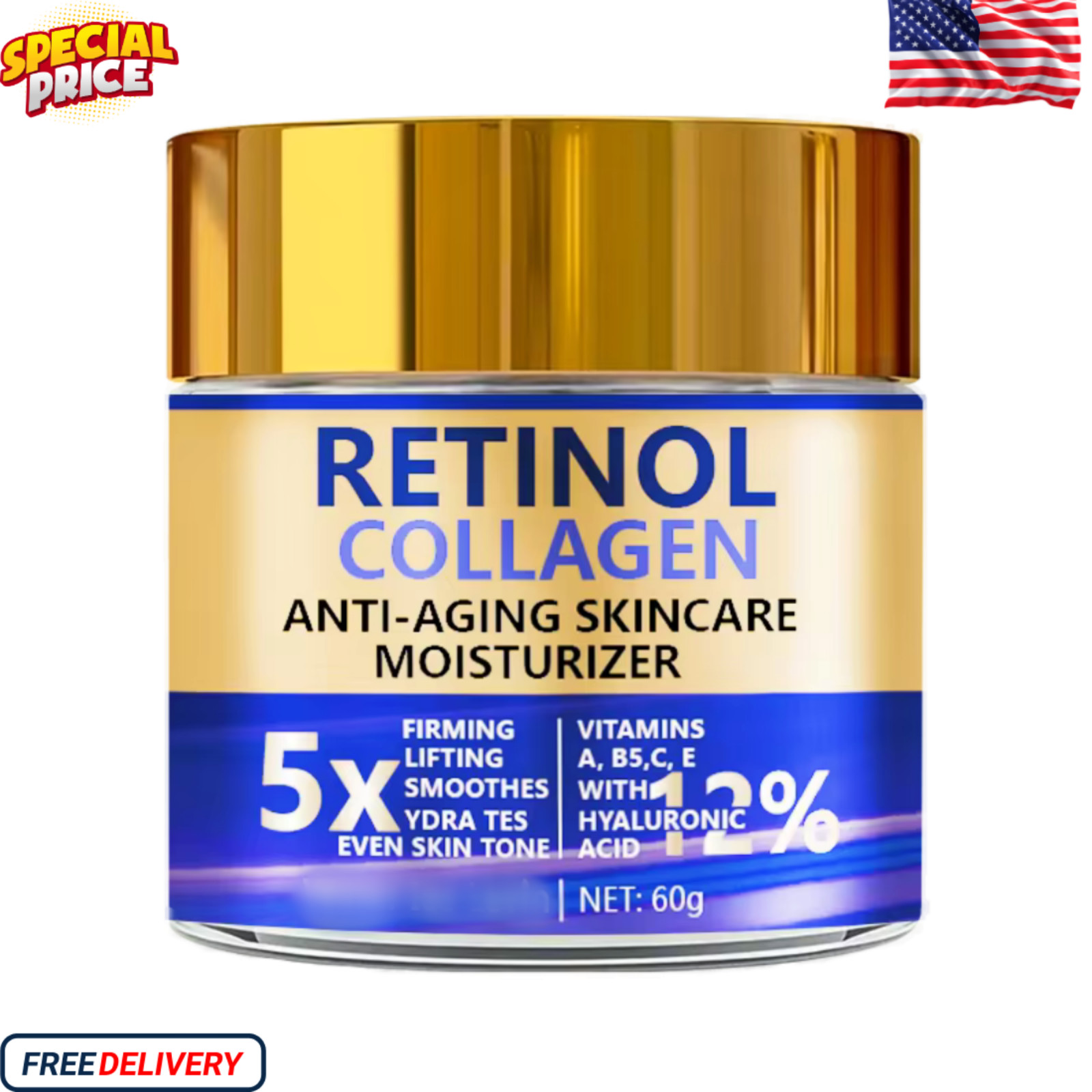 Retinol Collagen Moisturizing Cream 60g/2.12oz – Face Cream with Hyaluronic Acid.